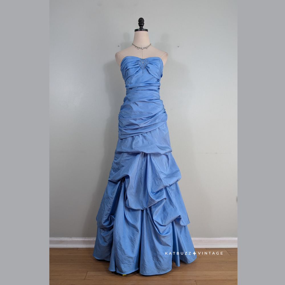 Vintage Prom Dress Maxi Gown S Blue Y2K Strapless Princess Pleat Bead Cinderella